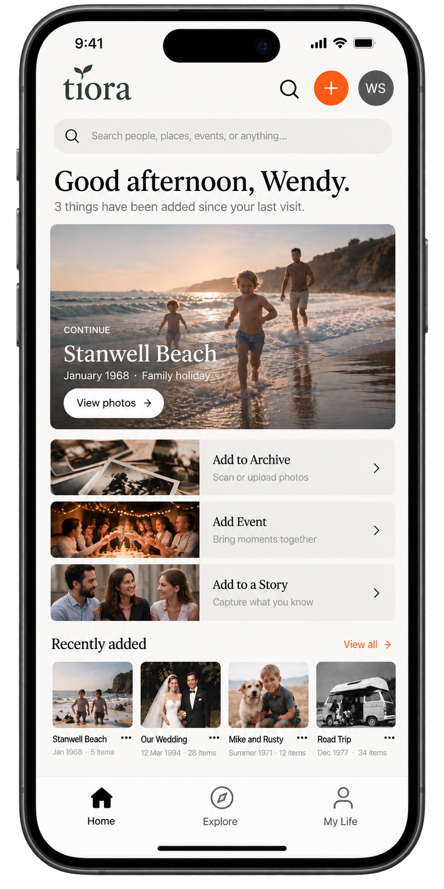 Tiora Archive Home on mobile, showing Continue, participation actions and Recently added